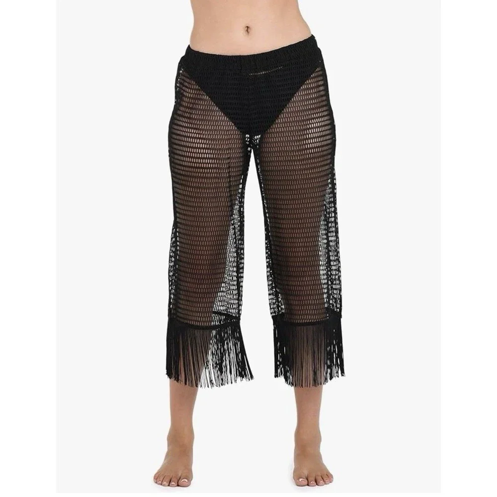 La Blanca Womens Sheer Fringed Detail Waistband Cropped Cover-Up Pants -✨NWT-LG